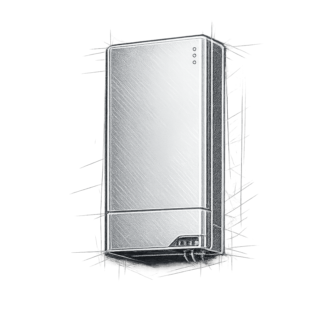Pencil illustration of a wall-mounted home battery